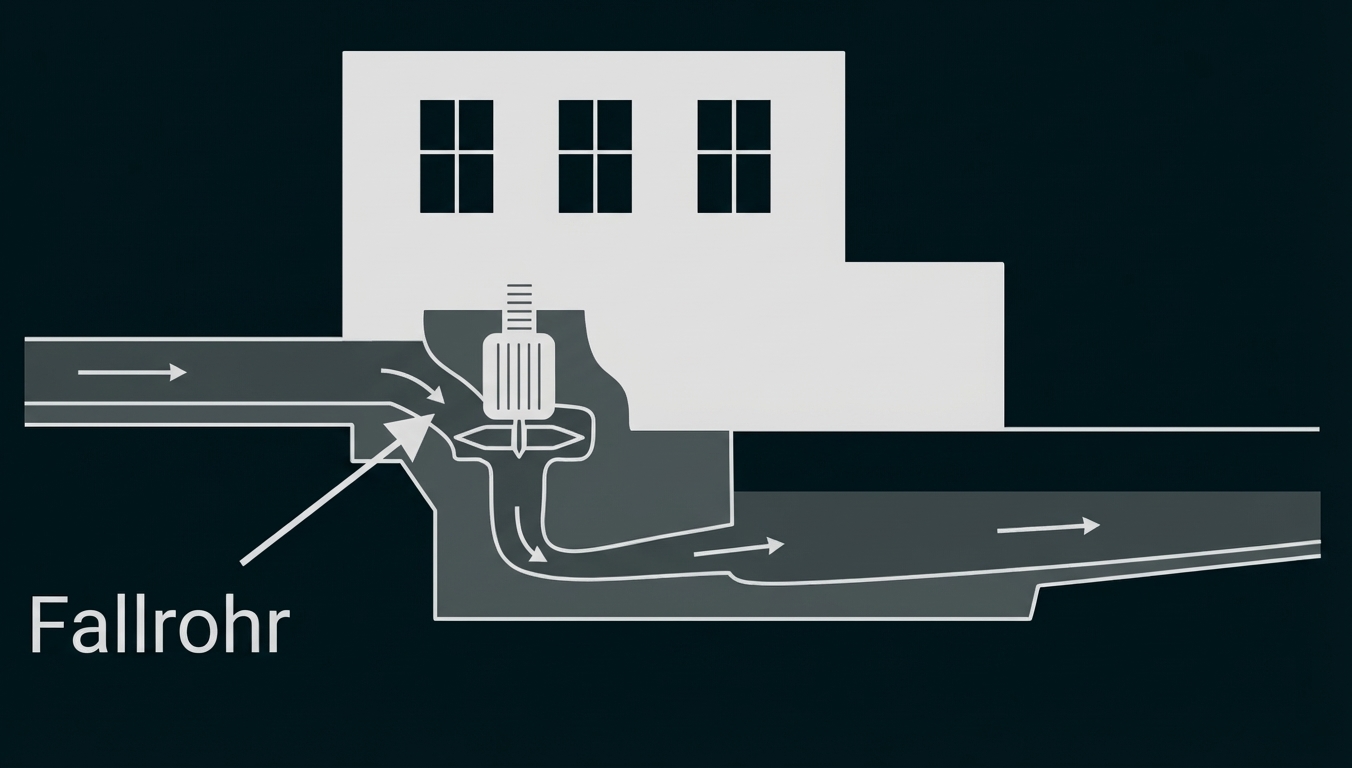 Querschnitt eines Fallrohrs und Abwasserkanals am Haus mit Fließrichtung.